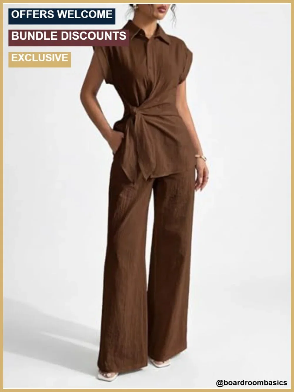 Women's Two Piece Cap Sleeve Tie Waist Wide Leg Pant Set
